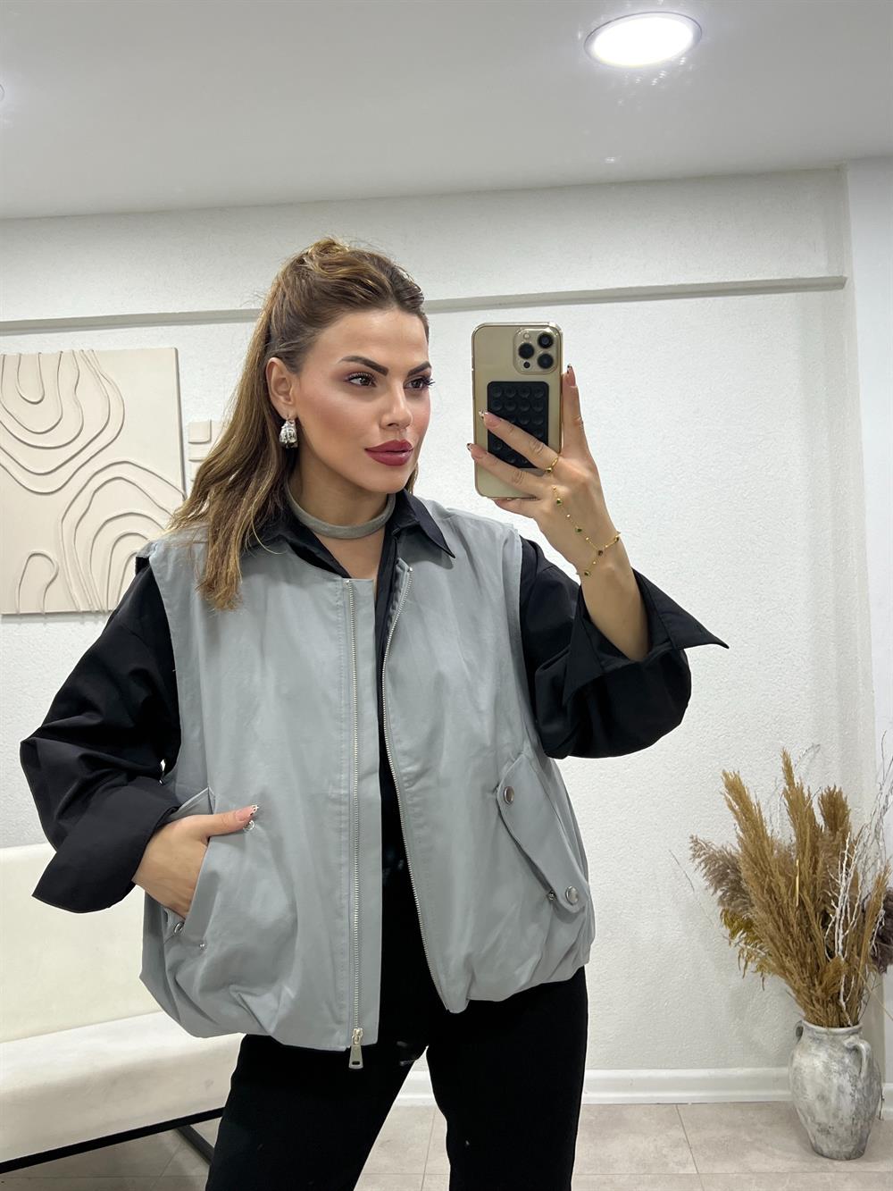 Fermuarli Gri̇ Yelek