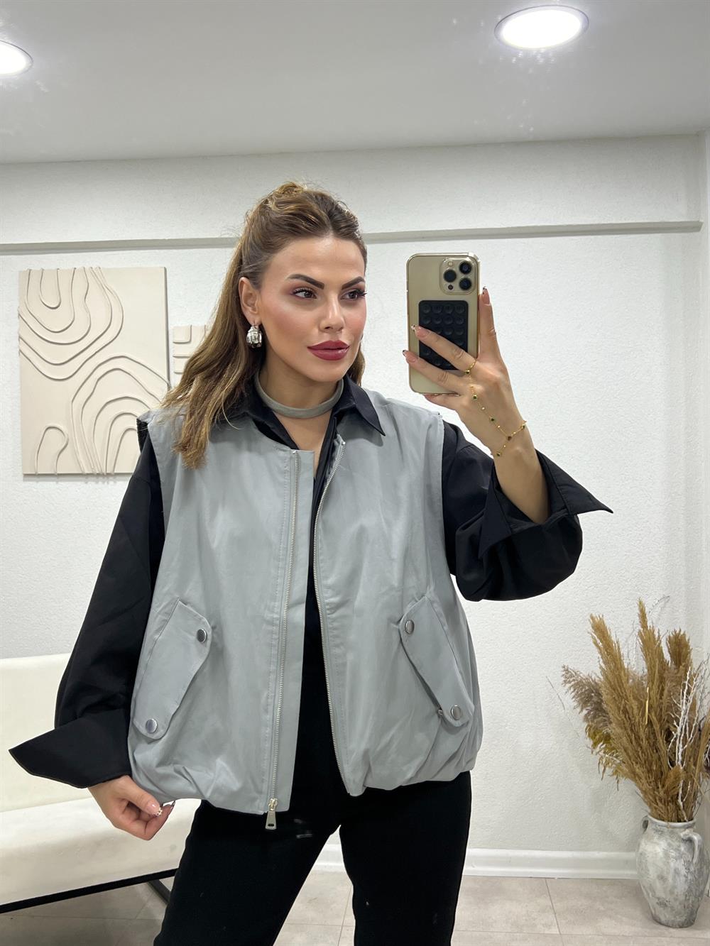 Fermuarli Gri̇ Yelek