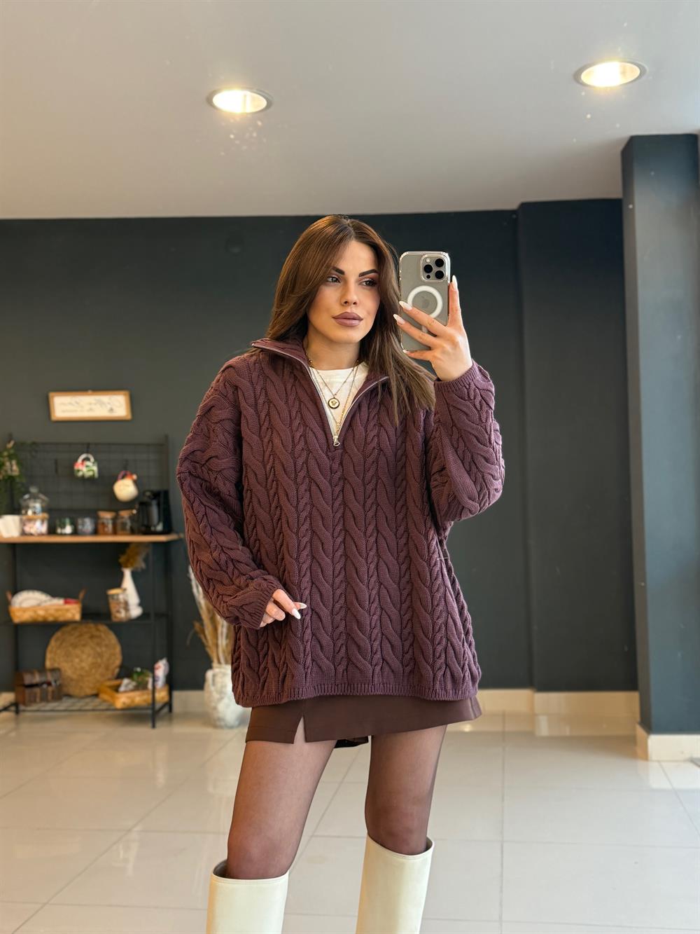 Fermuarli Örgü Kazak Bordo