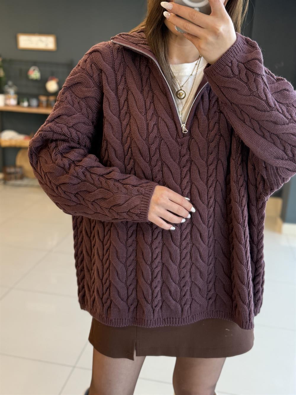 Fermuarli Örgü Kazak Bordo