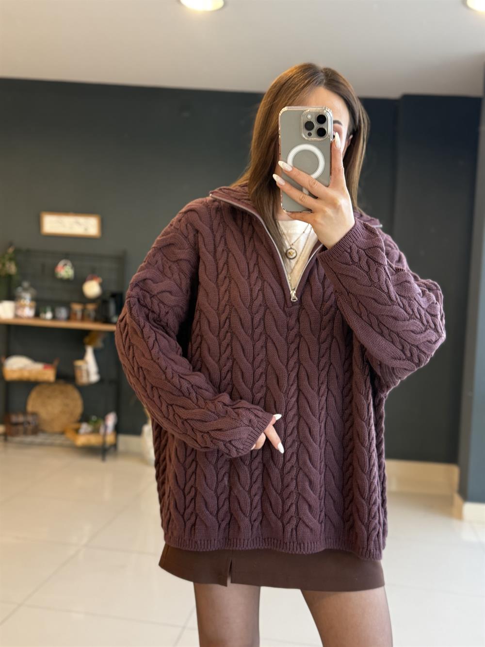 Fermuarli Örgü Kazak Bordo