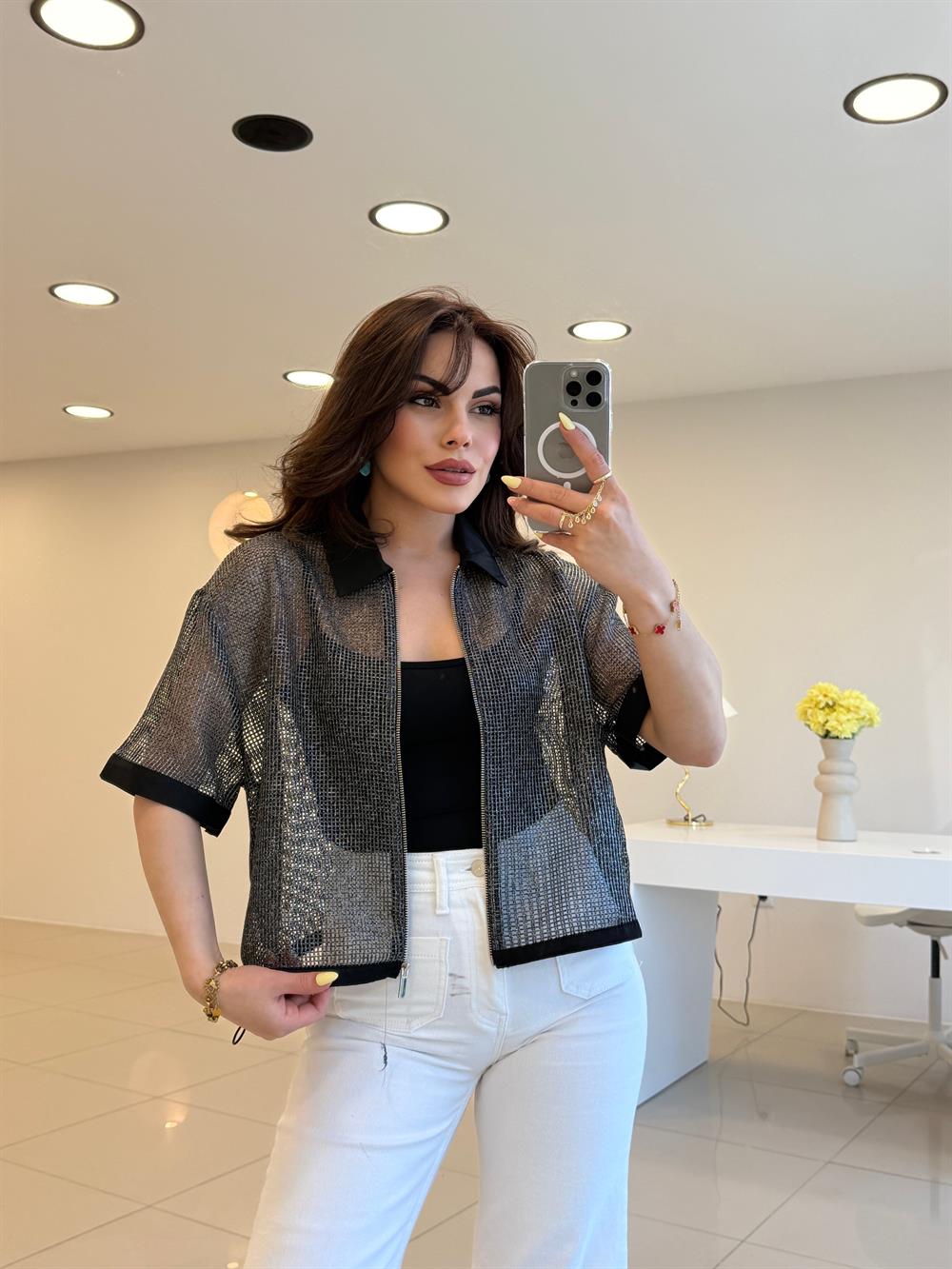 FİLE DETAYLI TASARIM KISA KOL CEKET