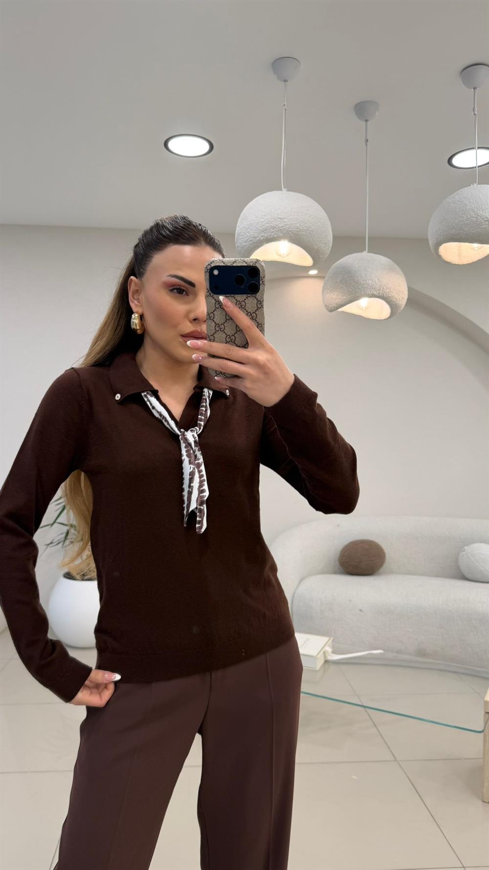 FULAR DETAYLI TRİKO KAZAK KAHVE