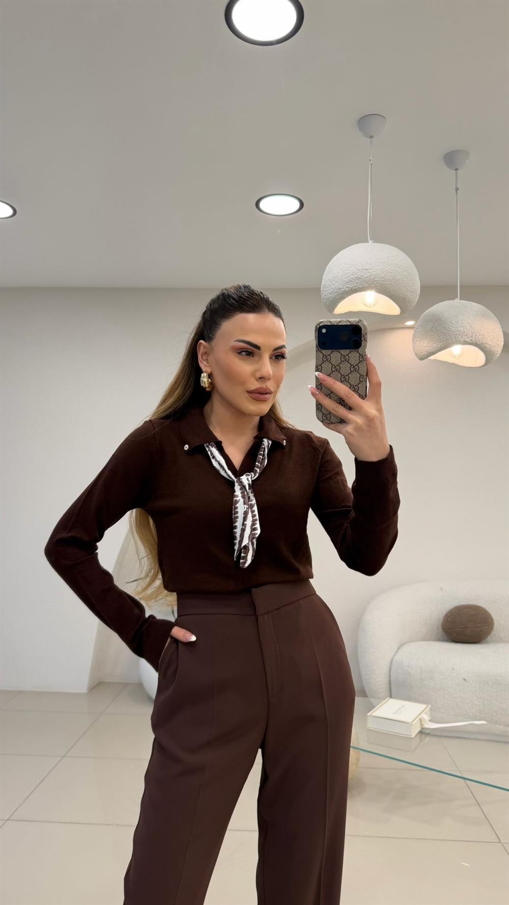 FULAR DETAYLI TRİKO KAZAK KAHVE