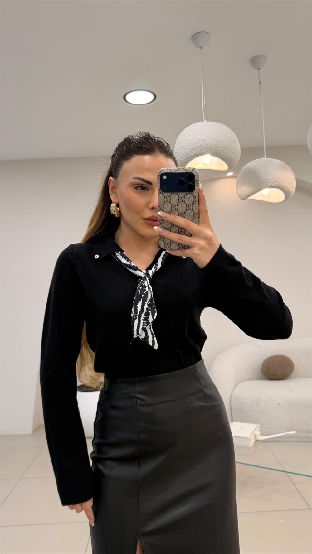 FULAR DETAYLI TRİKO KAZAK SİYAH