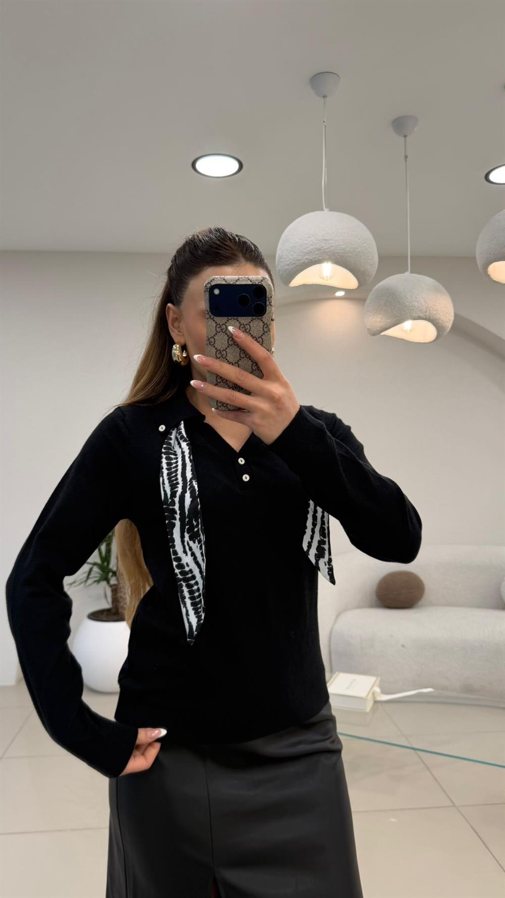 FULAR DETAYLI TRİKO KAZAK SİYAH