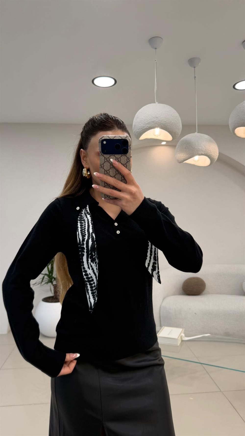 FULAR DETAYLI TRİKO KAZAK SİYAH