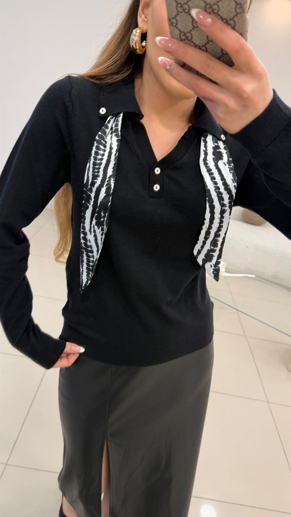 FULAR DETAYLI TRİKO KAZAK SİYAH