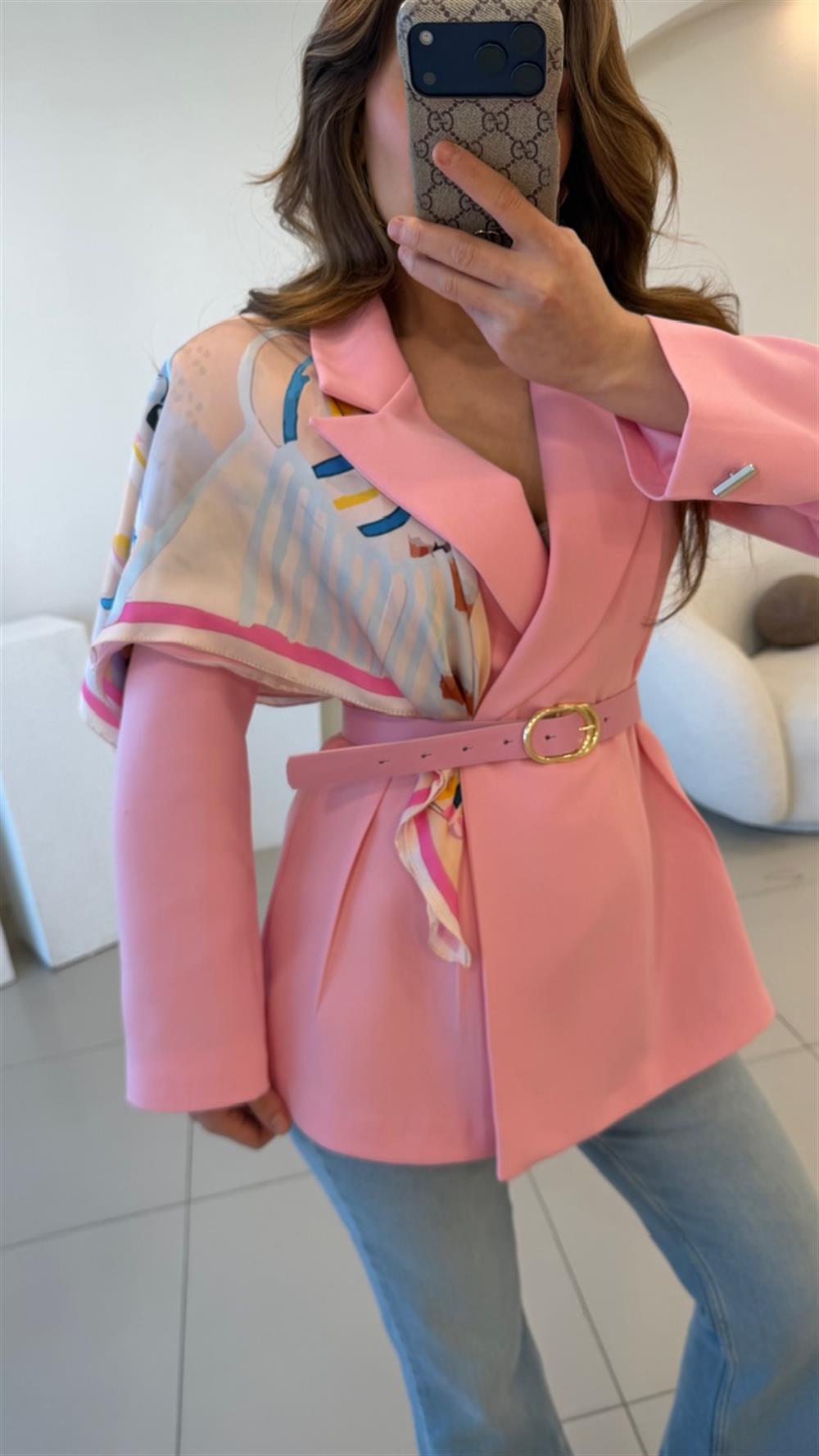 FULARLI BEL OTURTMALI BLAZER CEKET PEMBE