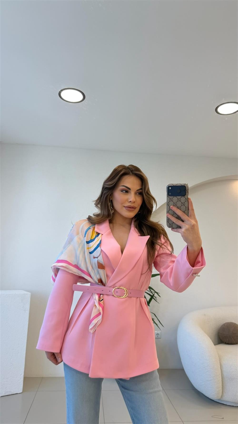 FULARLI BEL OTURTMALI BLAZER CEKET PEMBE