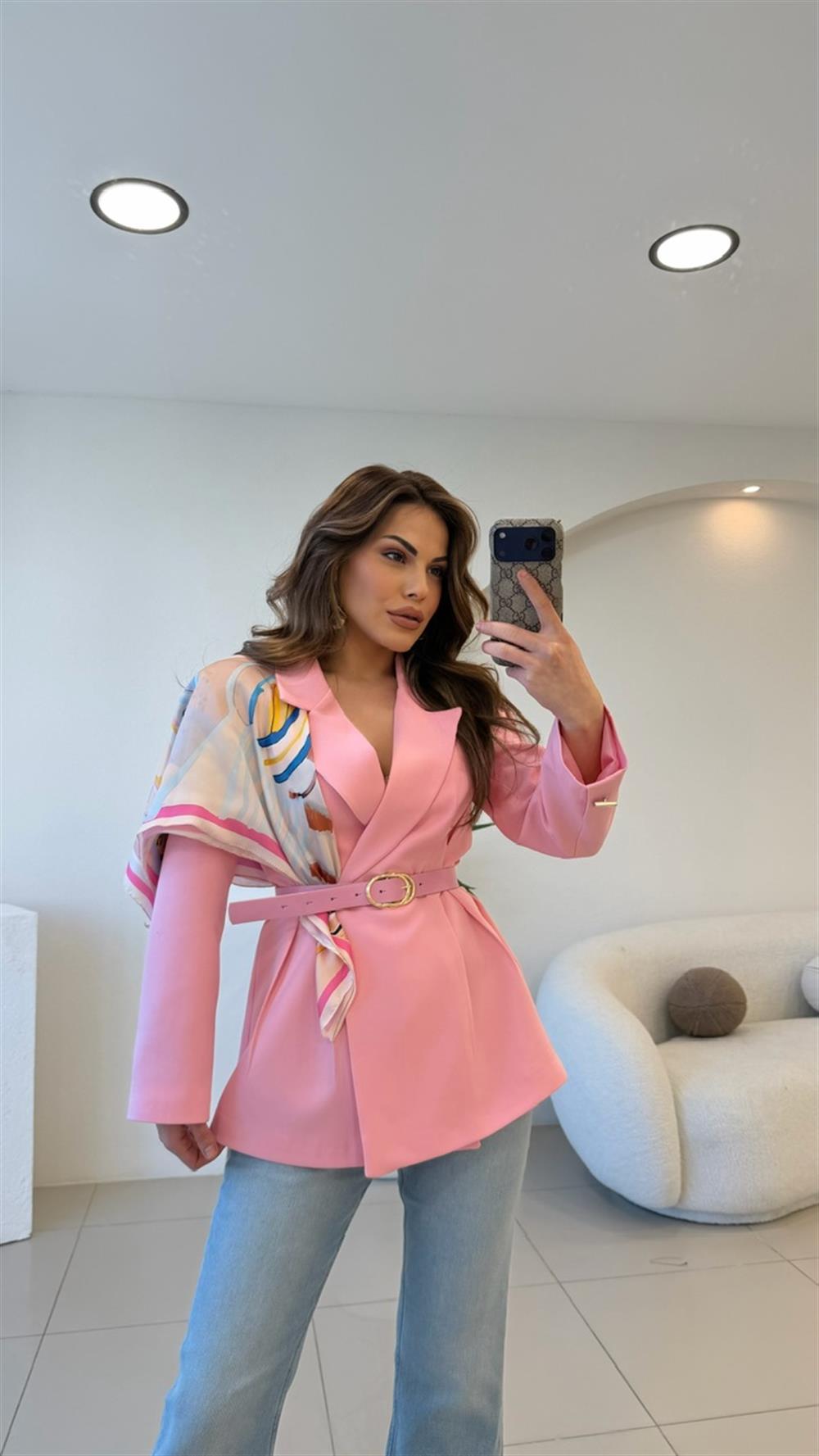 FULARLI BEL OTURTMALI BLAZER CEKET PEMBE