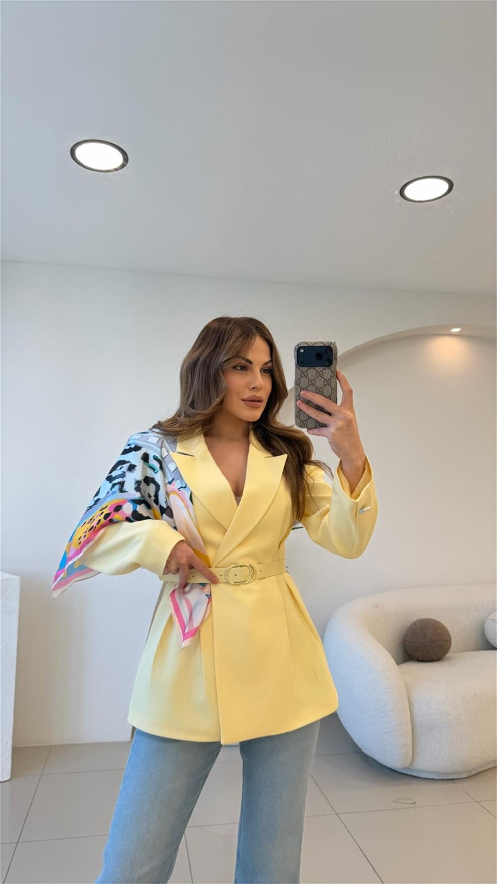 FULARLI BEL OTURTMALI BLAZER CEKET SARI 