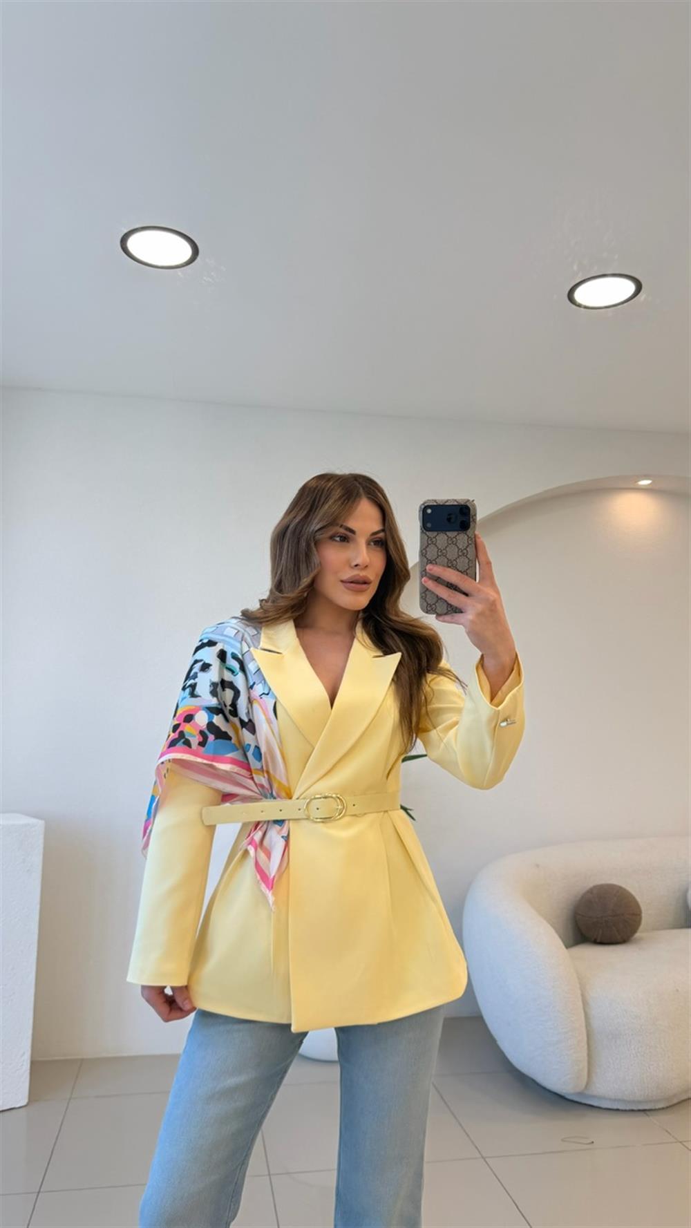 FULARLI BEL OTURTMALI BLAZER CEKET SARI 