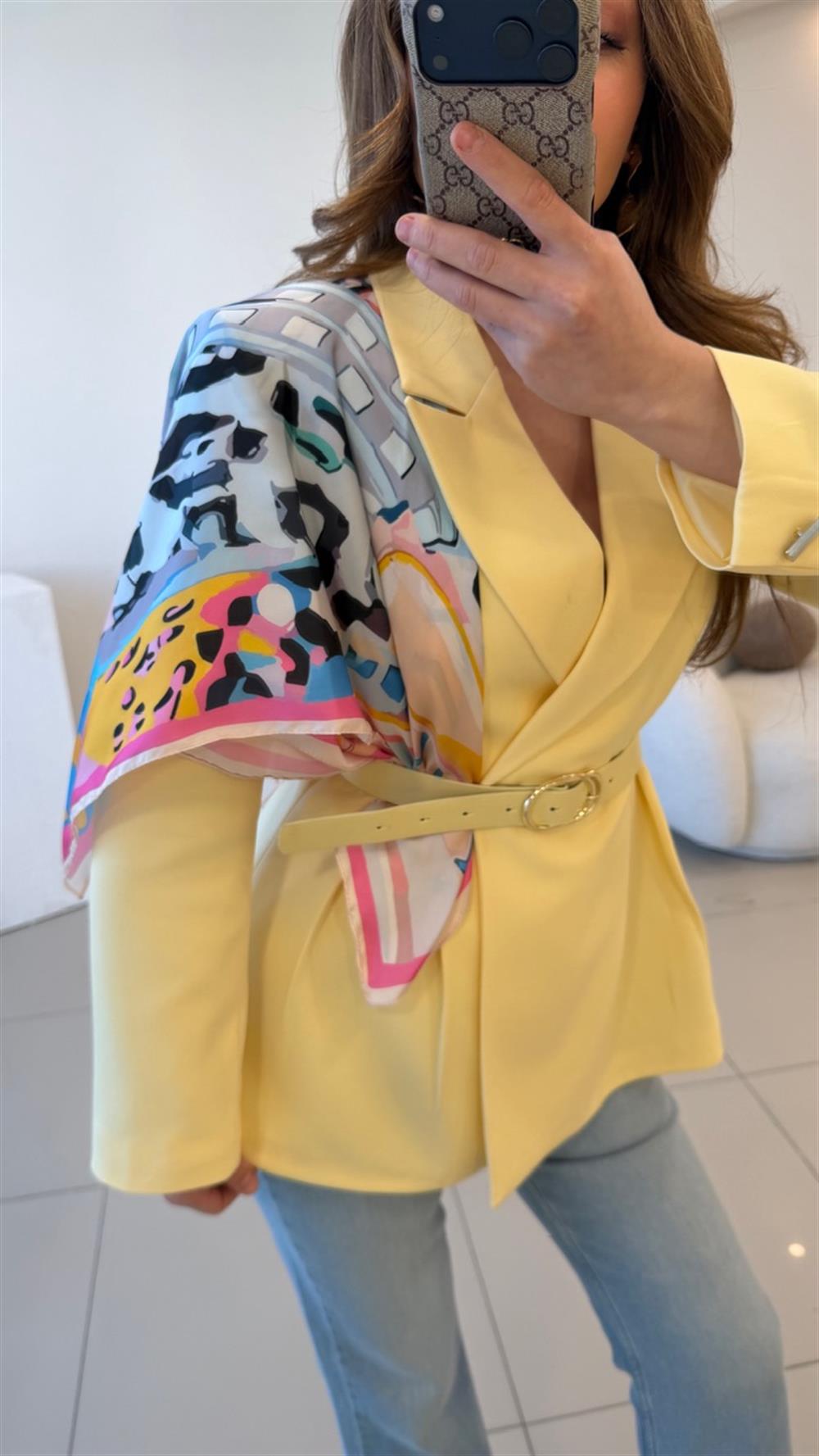 FULARLI BEL OTURTMALI BLAZER CEKET SARI 