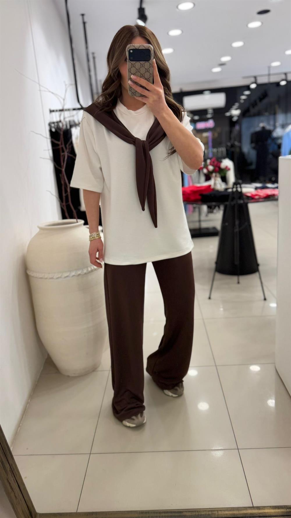 FULARLI MODAL İKİLİ TAKIM KAHVE  