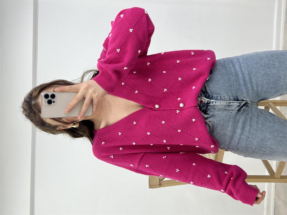 Fuşya İnci̇ Düğmeli̇ Hirka