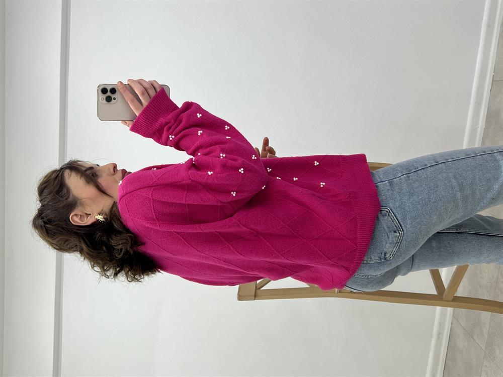 Fuşya İnci̇ Düğmeli̇ Hirka