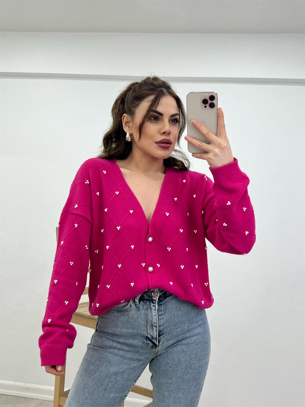 Fuşya İnci̇ Düğmeli̇ Hirka