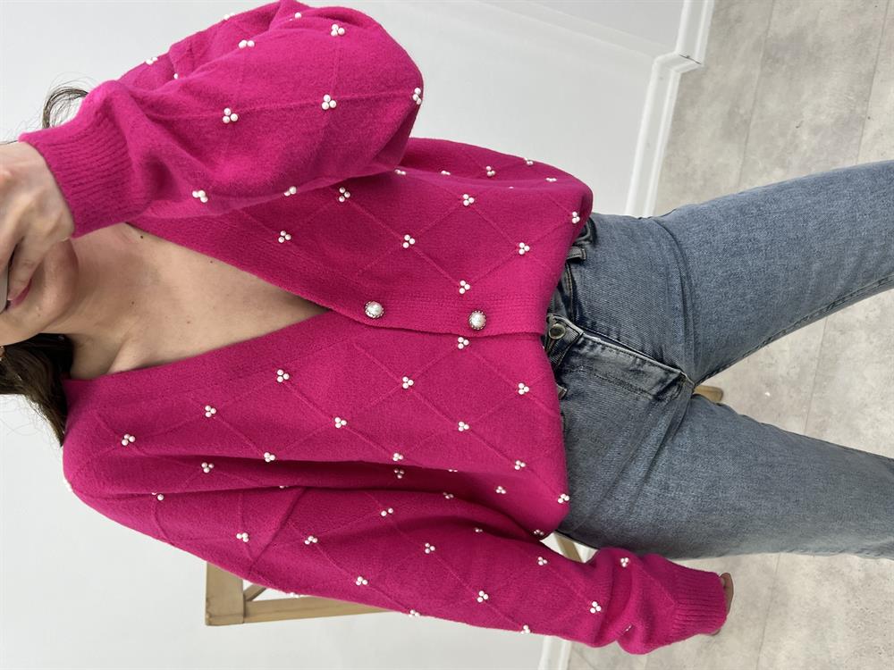 Fuşya İnci̇ Düğmeli̇ Hirka