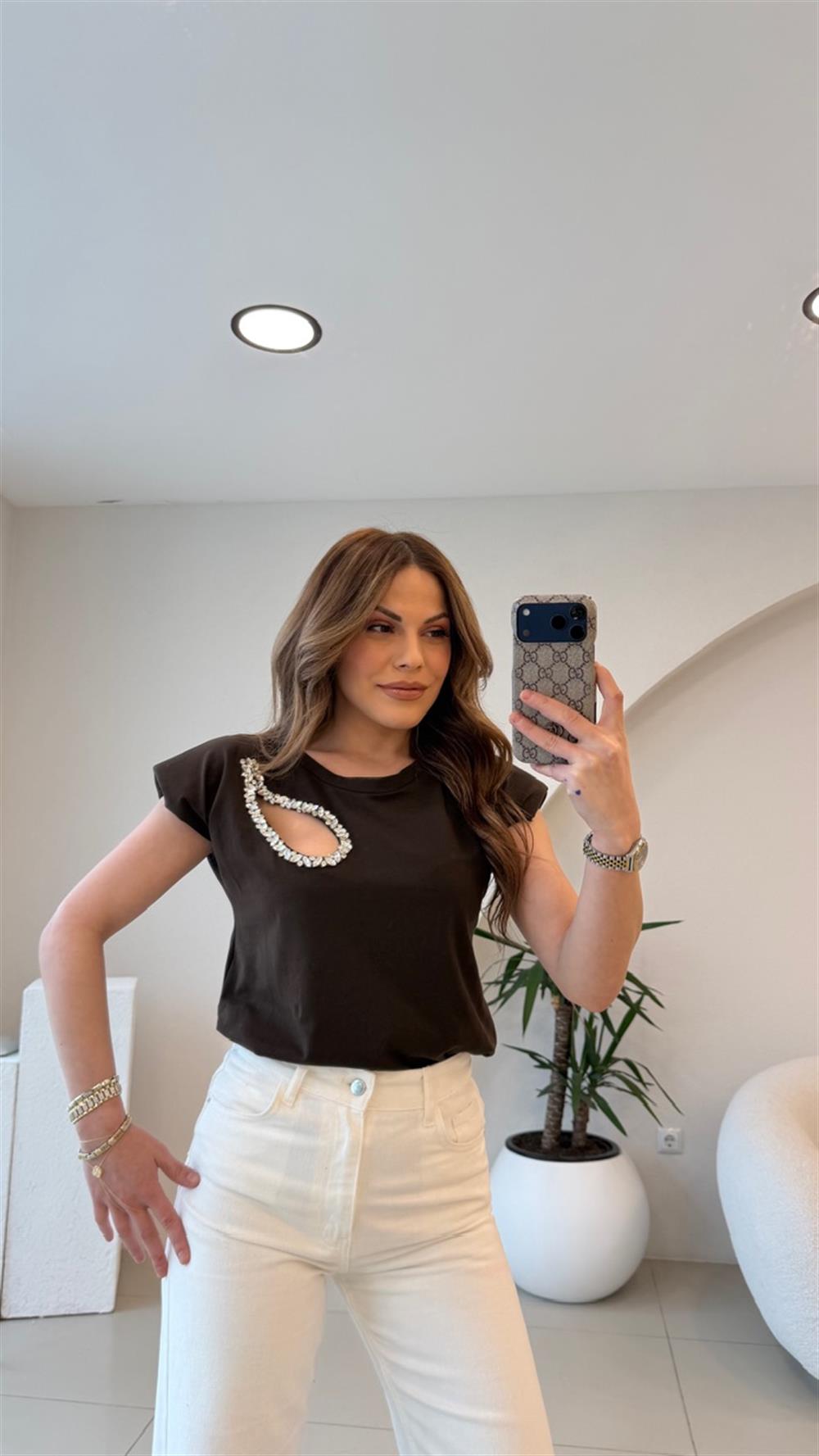 GÖĞÜS DEKOLTELİ TSHİRT KAHVE