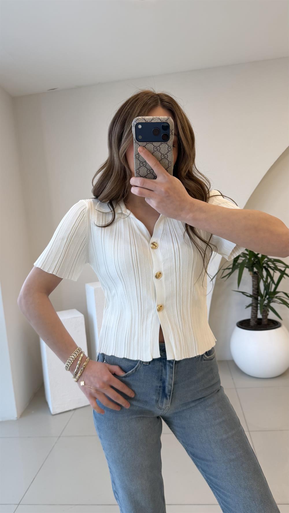 GOLD DÜĞMELİ BLUZ EKRU