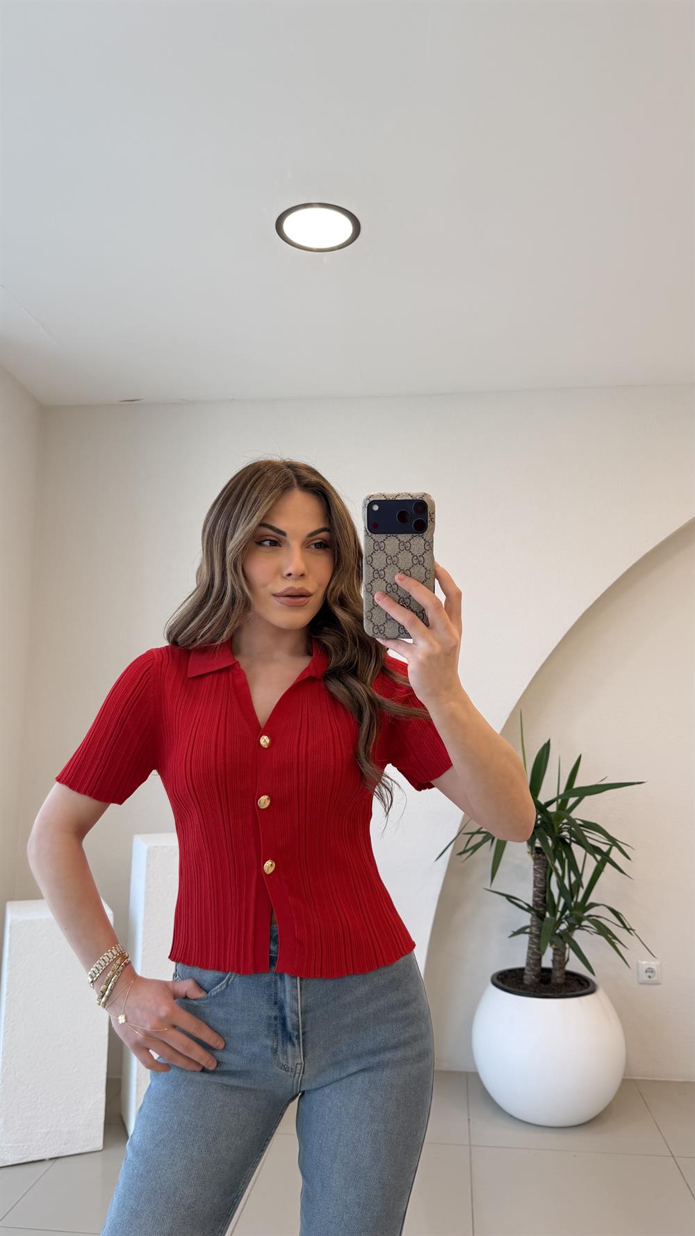 GOLD DÜĞMELİ BLUZ KIRMIZI