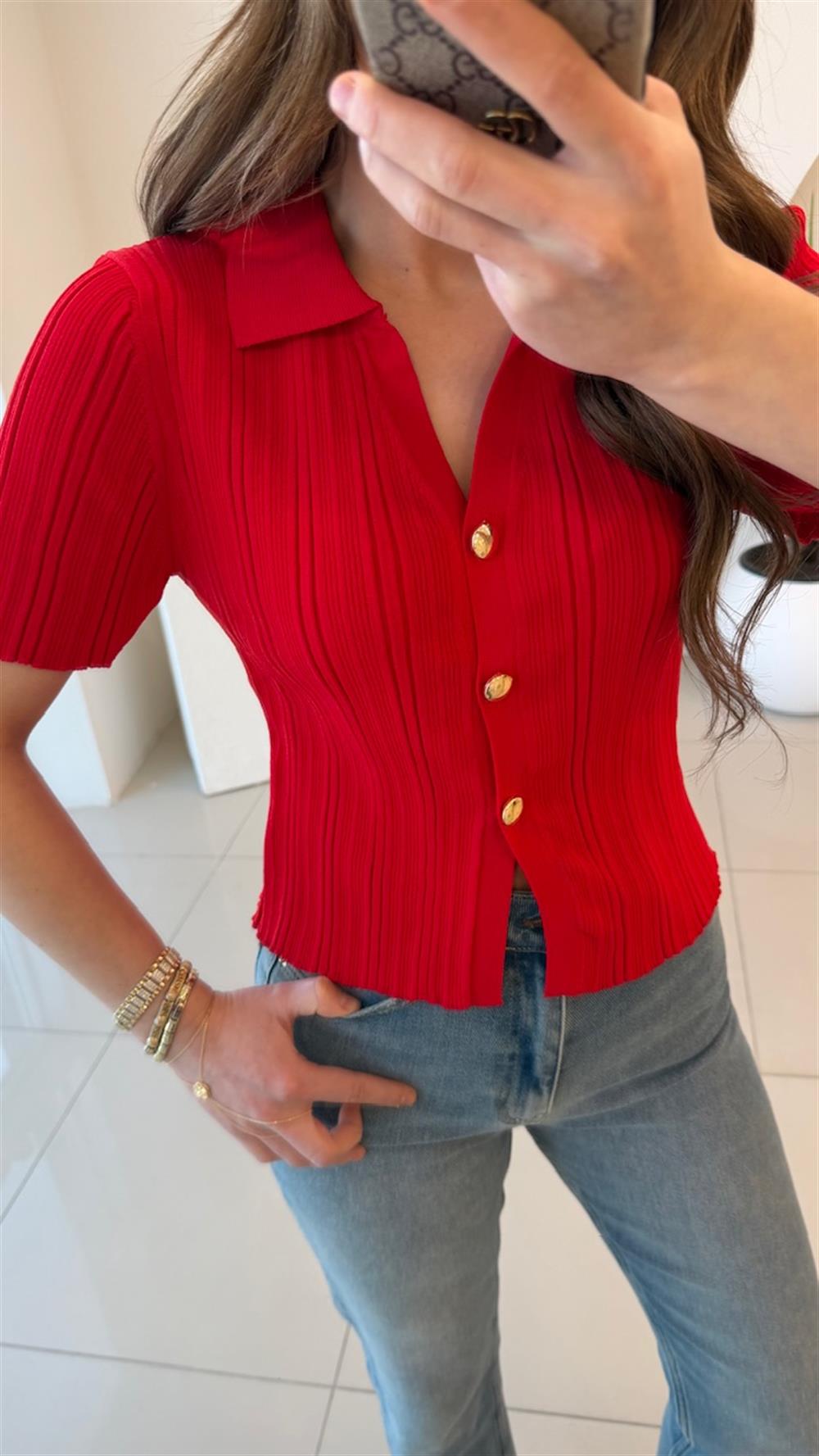 GOLD DÜĞMELİ BLUZ KIRMIZI