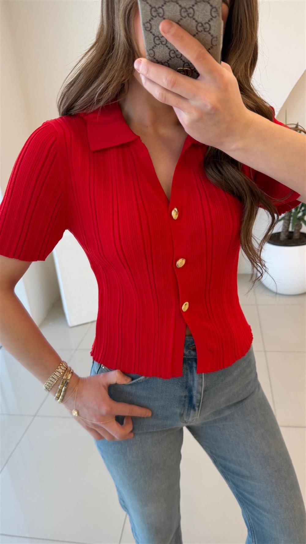 GOLD DÜĞMELİ BLUZ KIRMIZI
