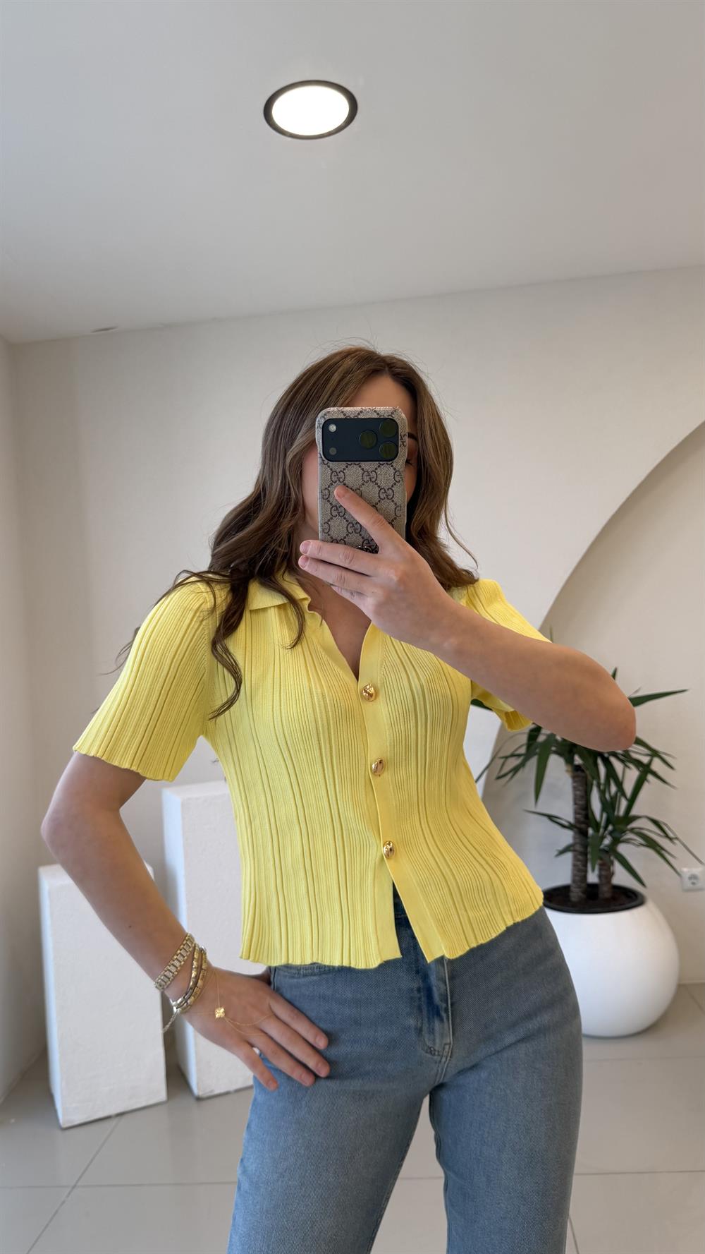 GOLD DÜĞMELİ BLUZ SARI