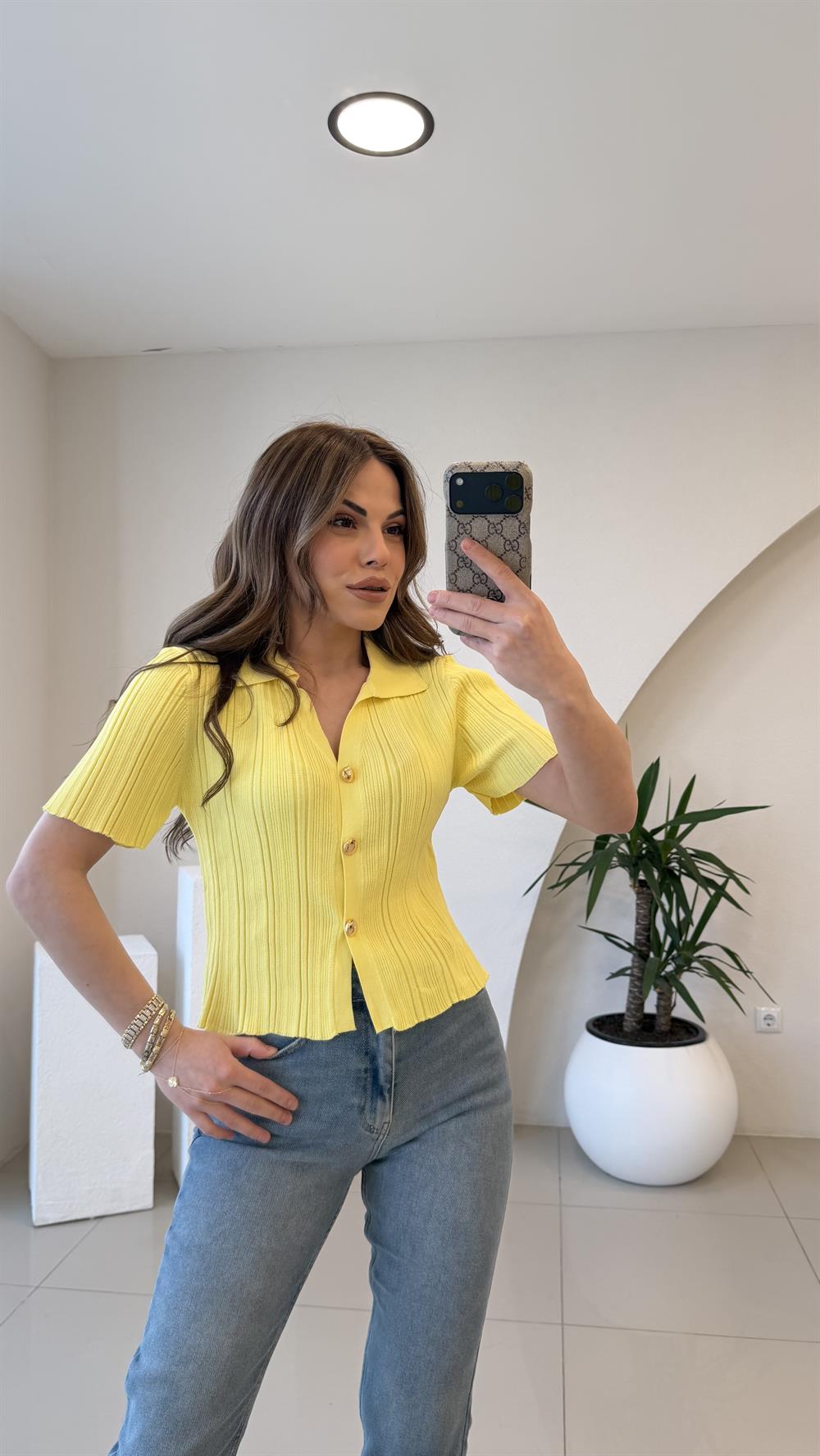 GOLD DÜĞMELİ BLUZ SARI