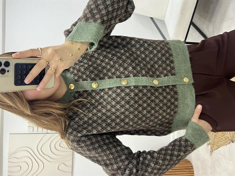 Gold Düğmeli̇ Kahve Desenli̇ Hirka