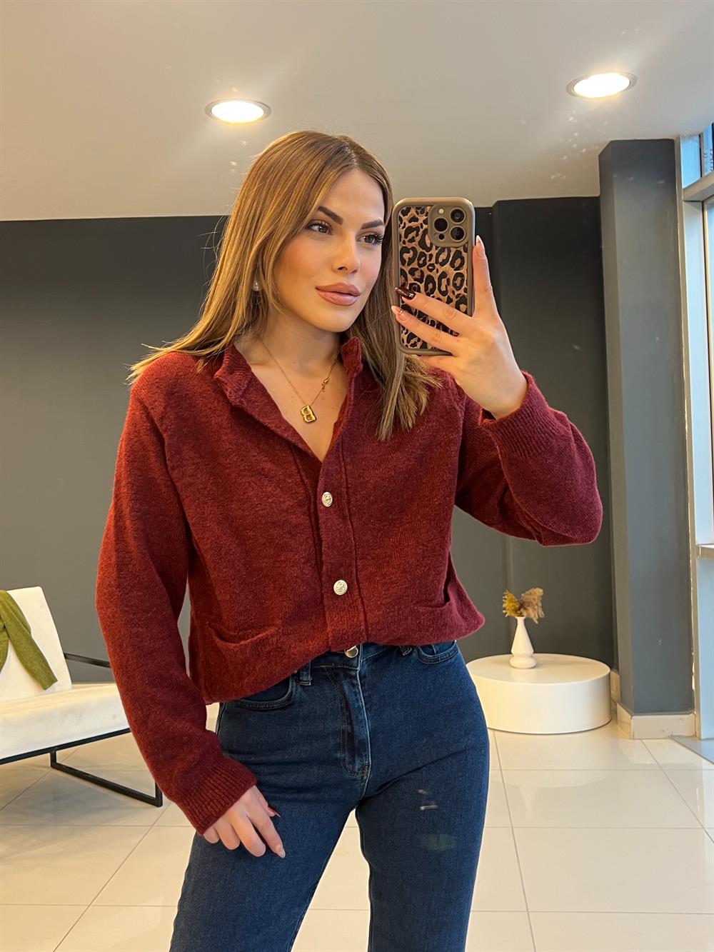 Gold Düğmeli̇ Premi̇um Hirka Bordo