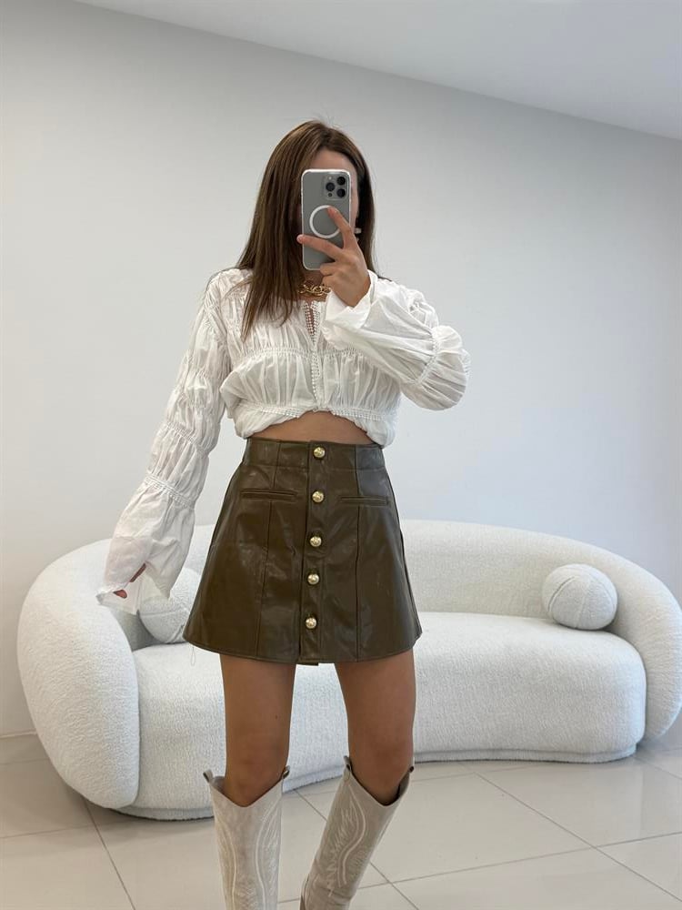 GOLD DÜĞMELİ RUGAN MİNİ ETEK YEŞİL