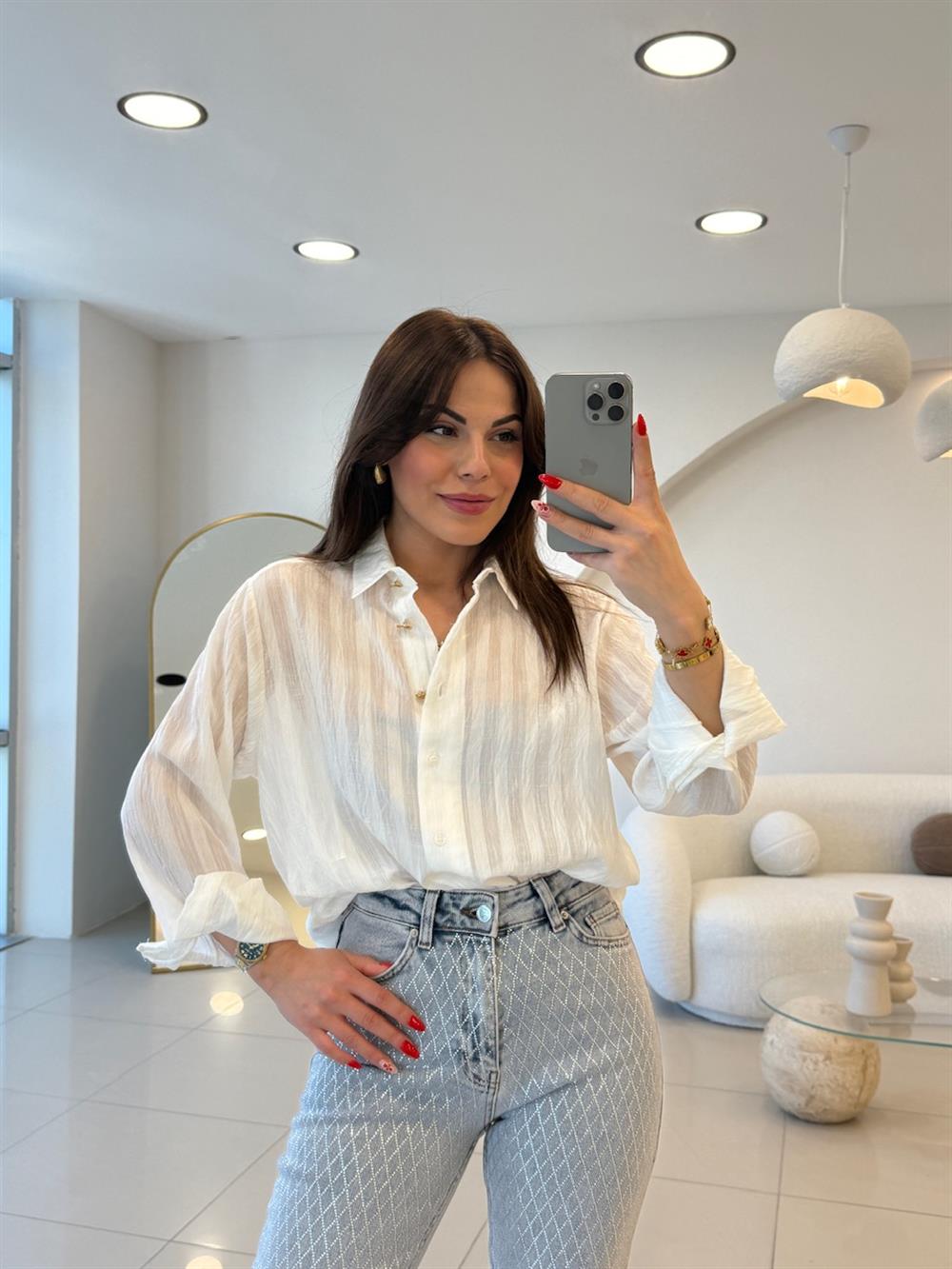 GOLD DÜĞMELİ TRANSPARAN GÖMLEK BEYAZ