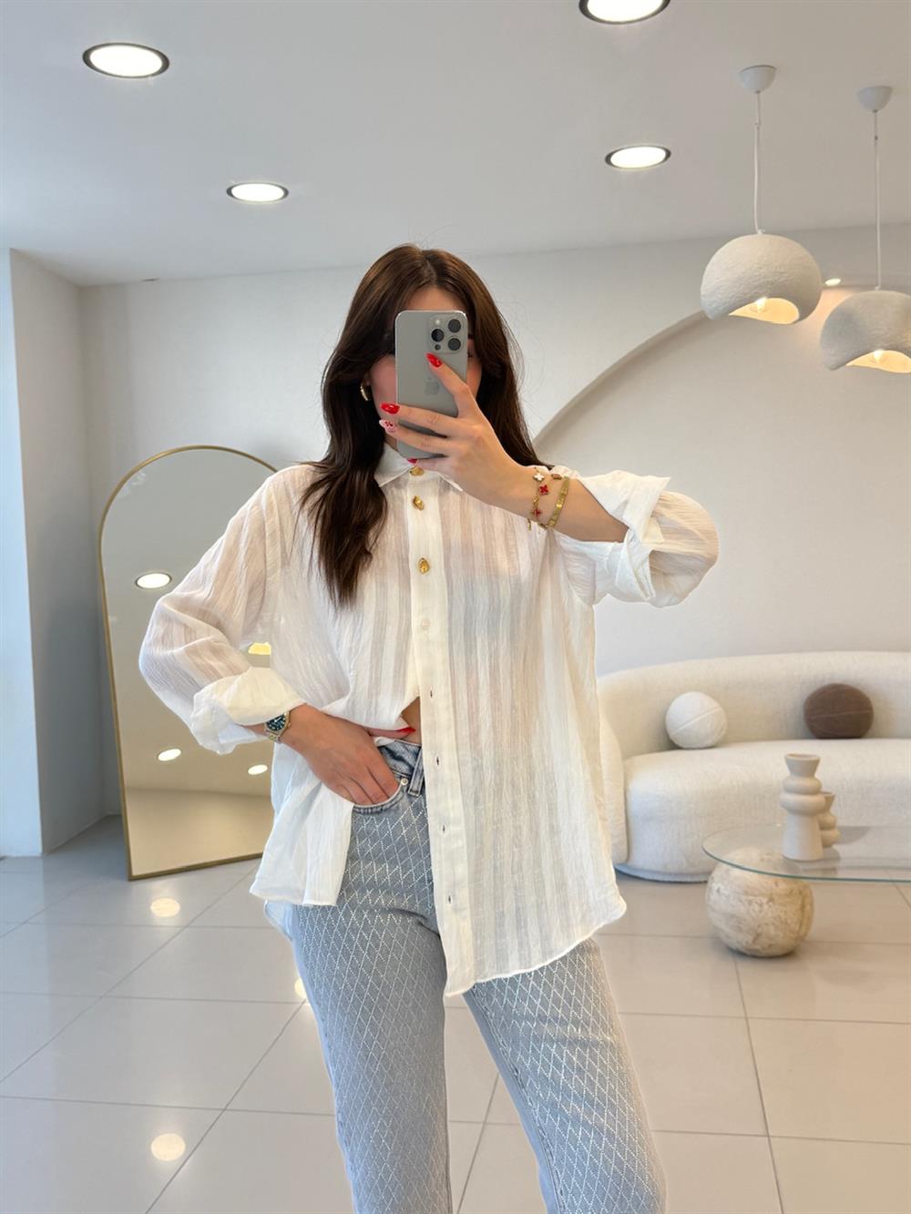 GOLD DÜĞMELİ TRANSPARAN GÖMLEK BEYAZ