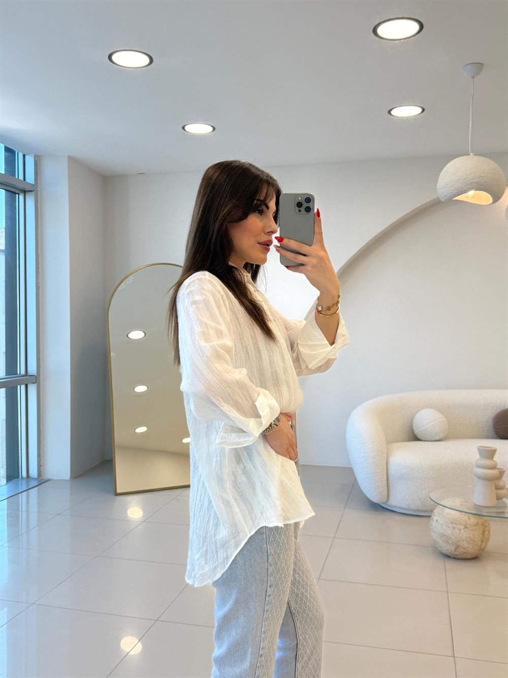 GOLD DÜĞMELİ TRANSPARAN GÖMLEK BEYAZ