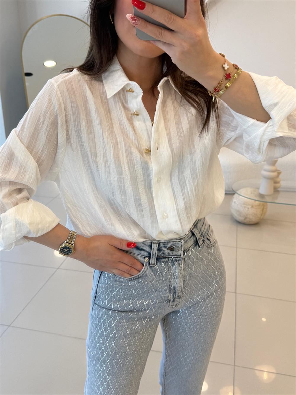 GOLD DÜĞMELİ TRANSPARAN GÖMLEK BEYAZ