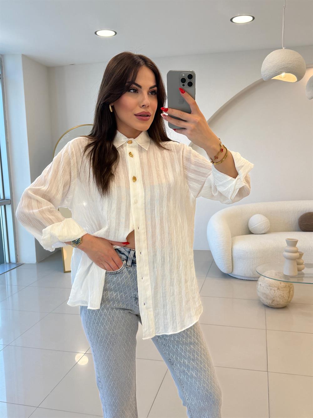 GOLD DÜĞMELİ TRANSPARAN GÖMLEK BEYAZ