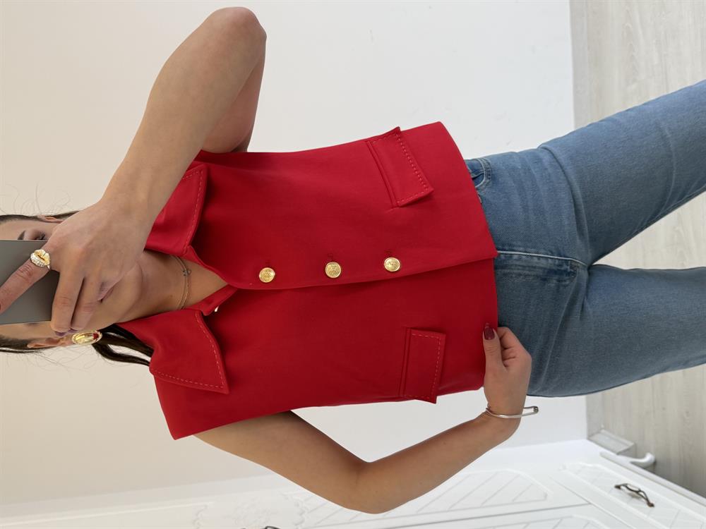 GOLD DÜĞMELİ VATKALI YELEK KIRMIZI