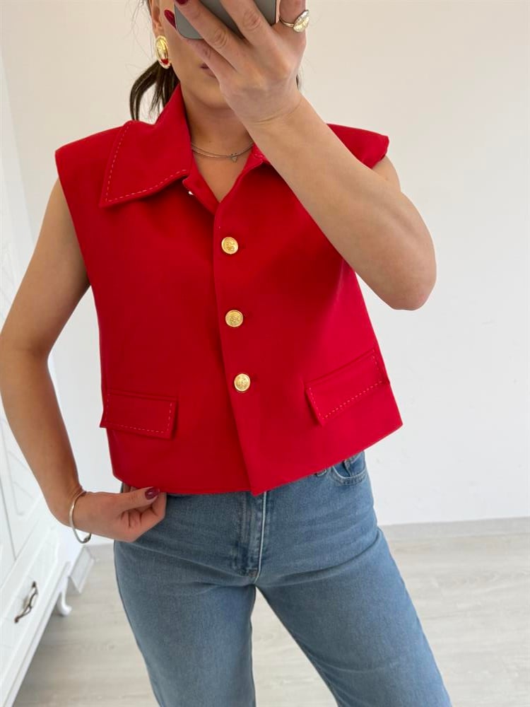 GOLD DÜĞMELİ VATKALI YELEK KIRMIZI