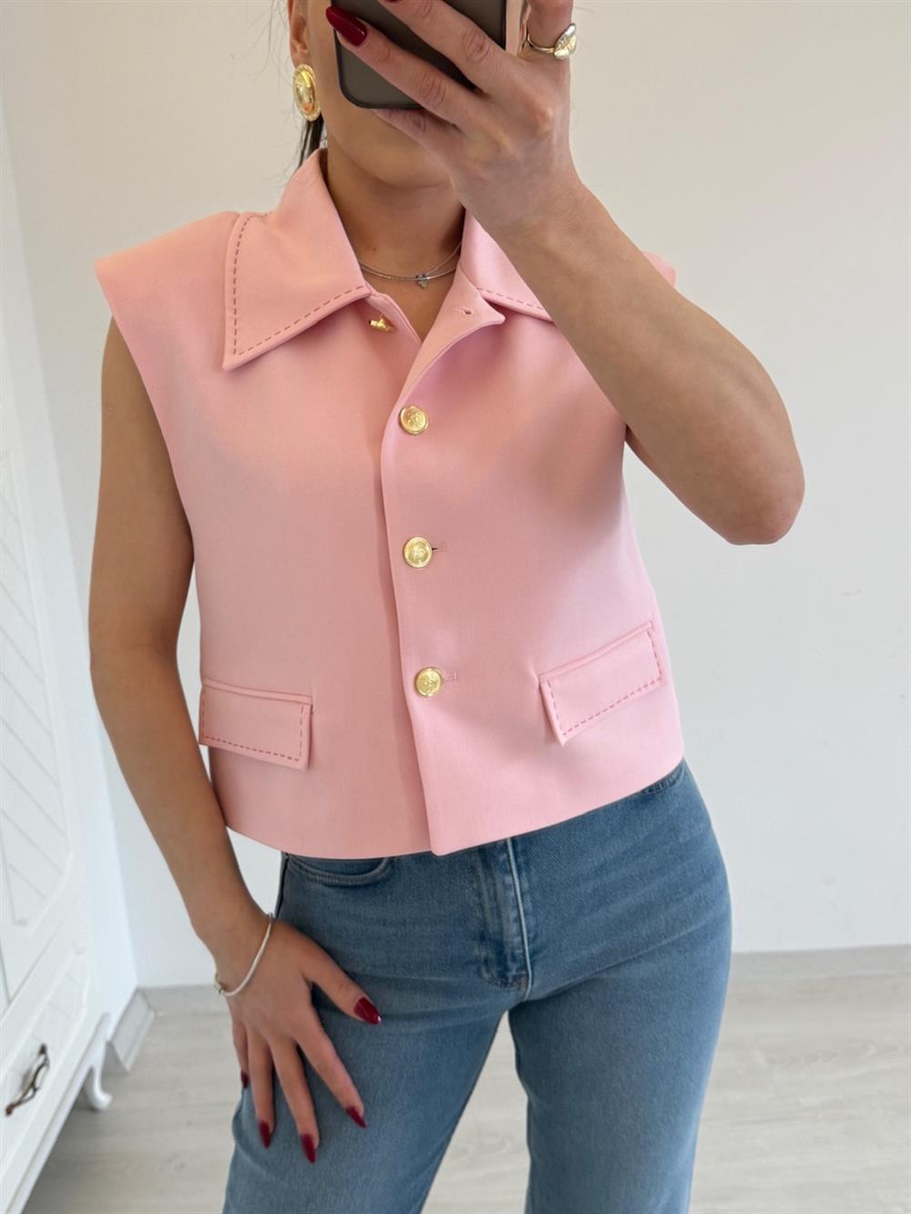 GOLD DÜĞMELİ VATKALI YELEK PEMBE