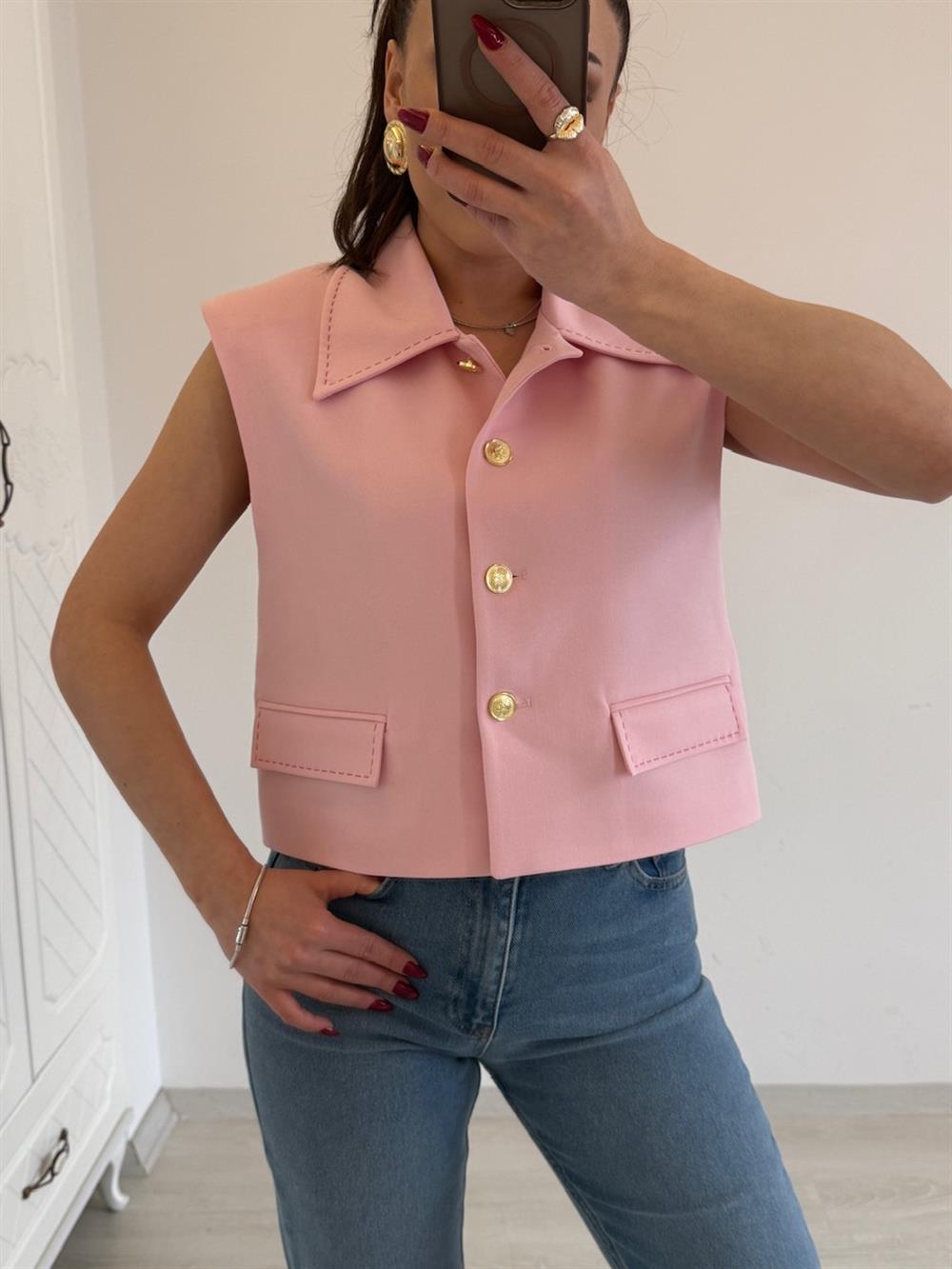 GOLD DÜĞMELİ VATKALI YELEK PEMBE