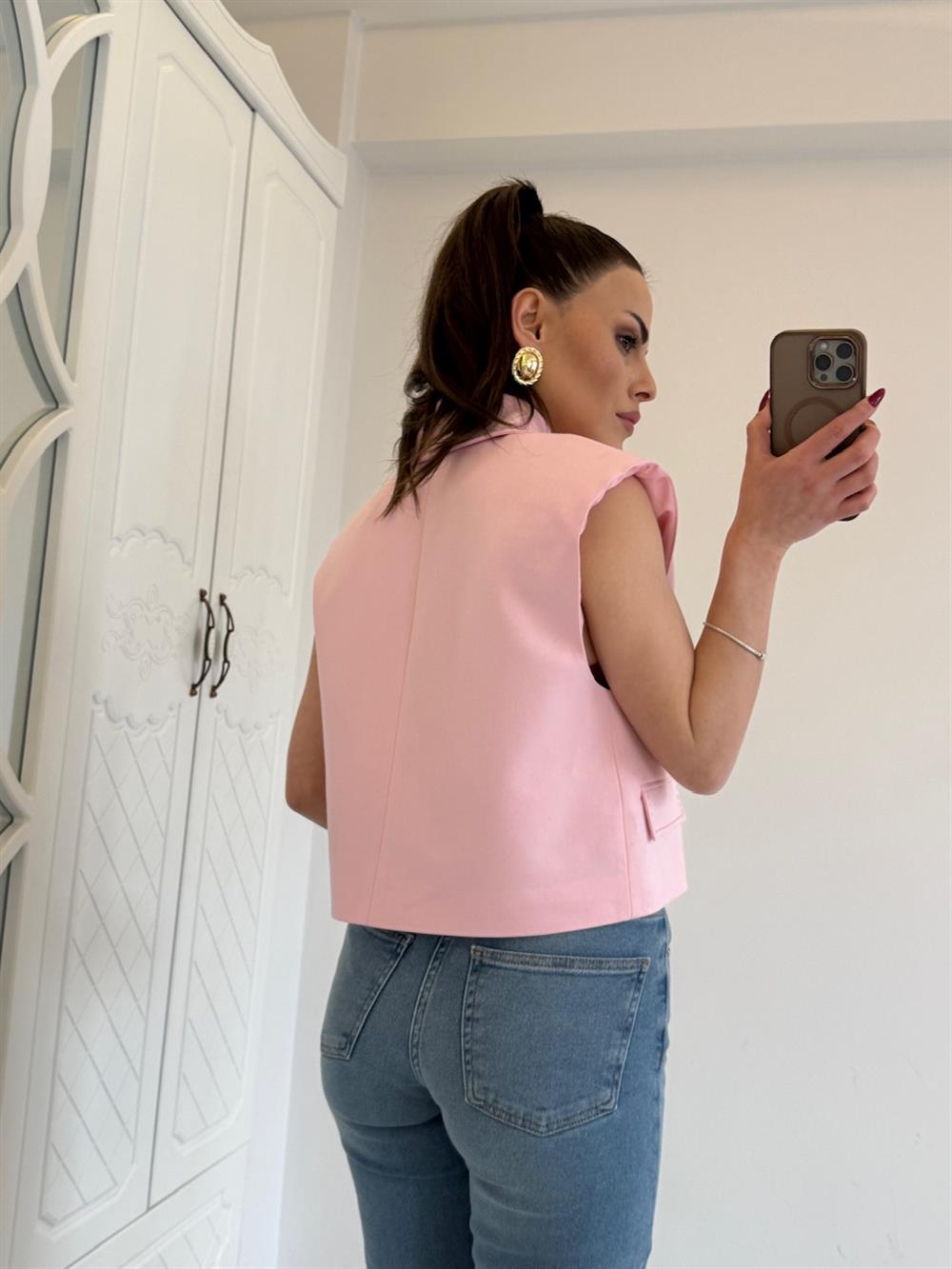 GOLD DÜĞMELİ VATKALI YELEK PEMBE