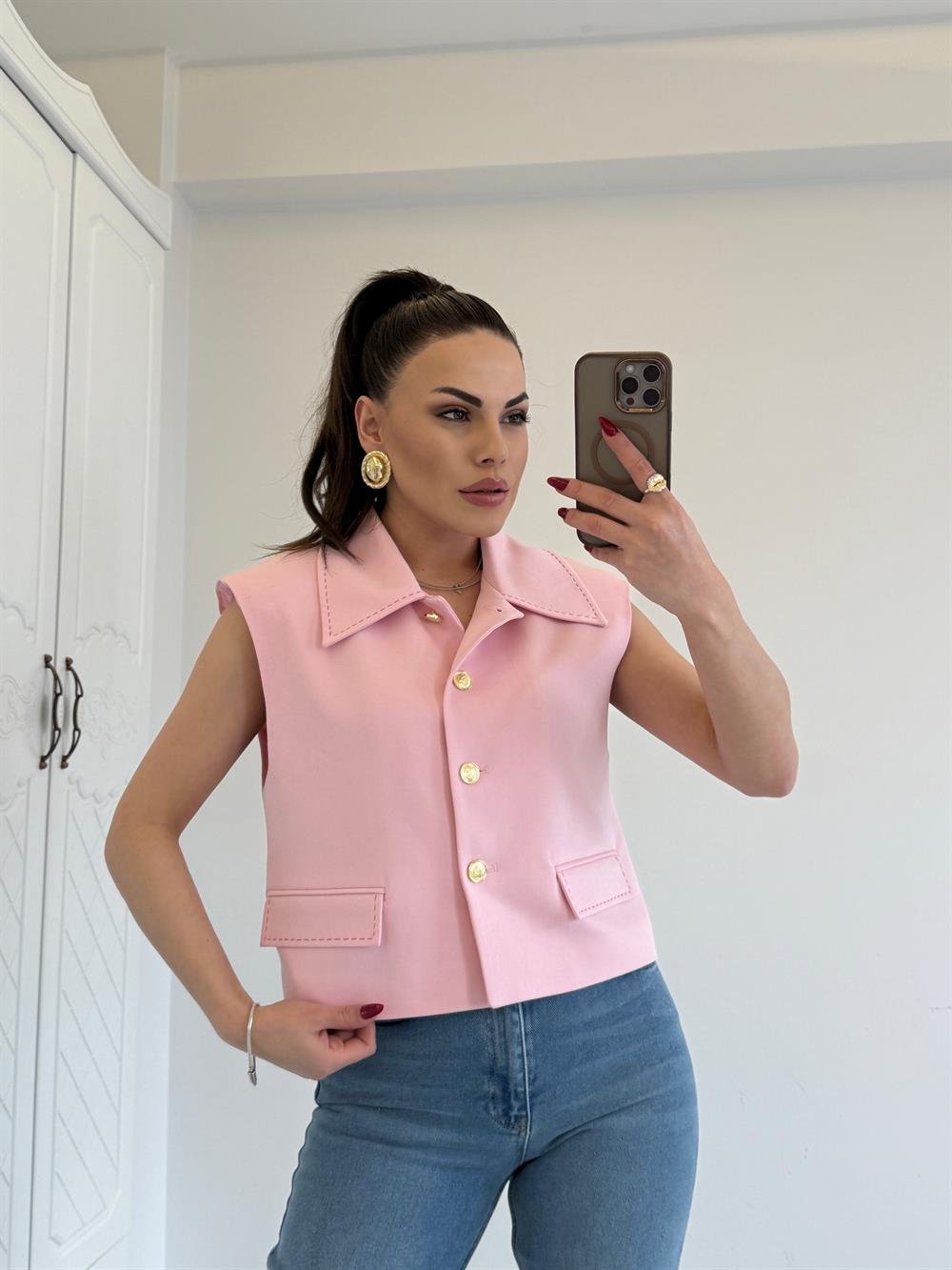 GOLD DÜĞMELİ VATKALI YELEK PEMBE