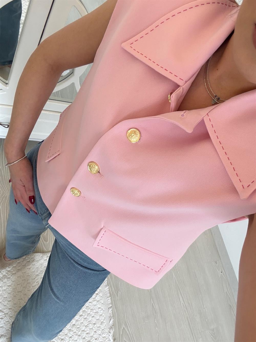 GOLD DÜĞMELİ VATKALI YELEK PEMBE