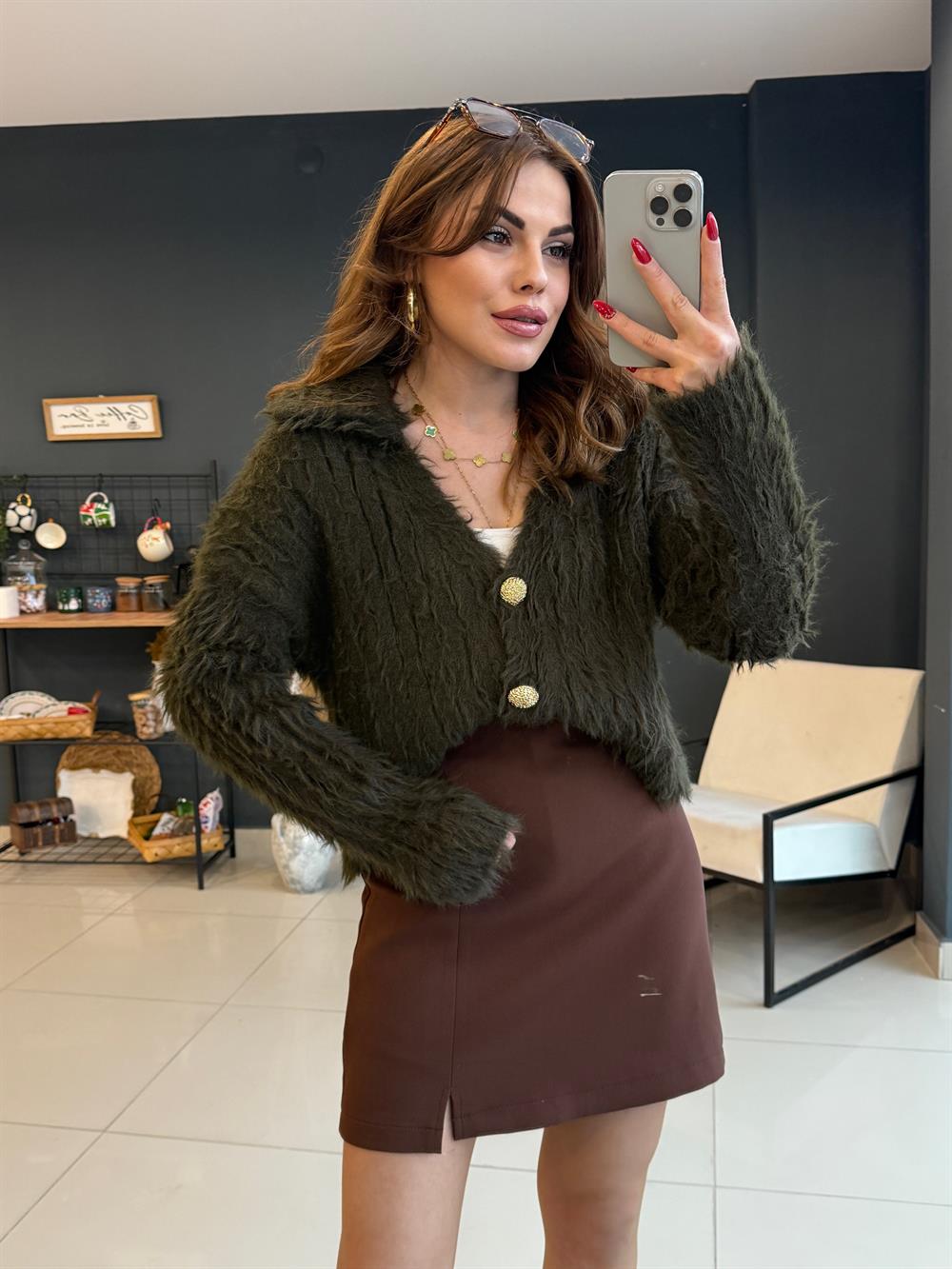 Gold Düğmeli̇ Yumoş Hirka Haki̇