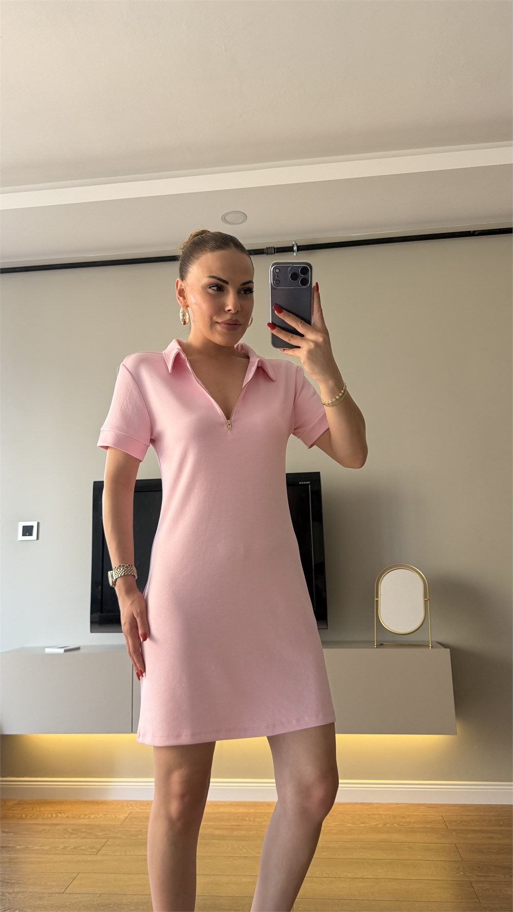 Gold Fermuarlı Polo Yaka Elbise Pembe