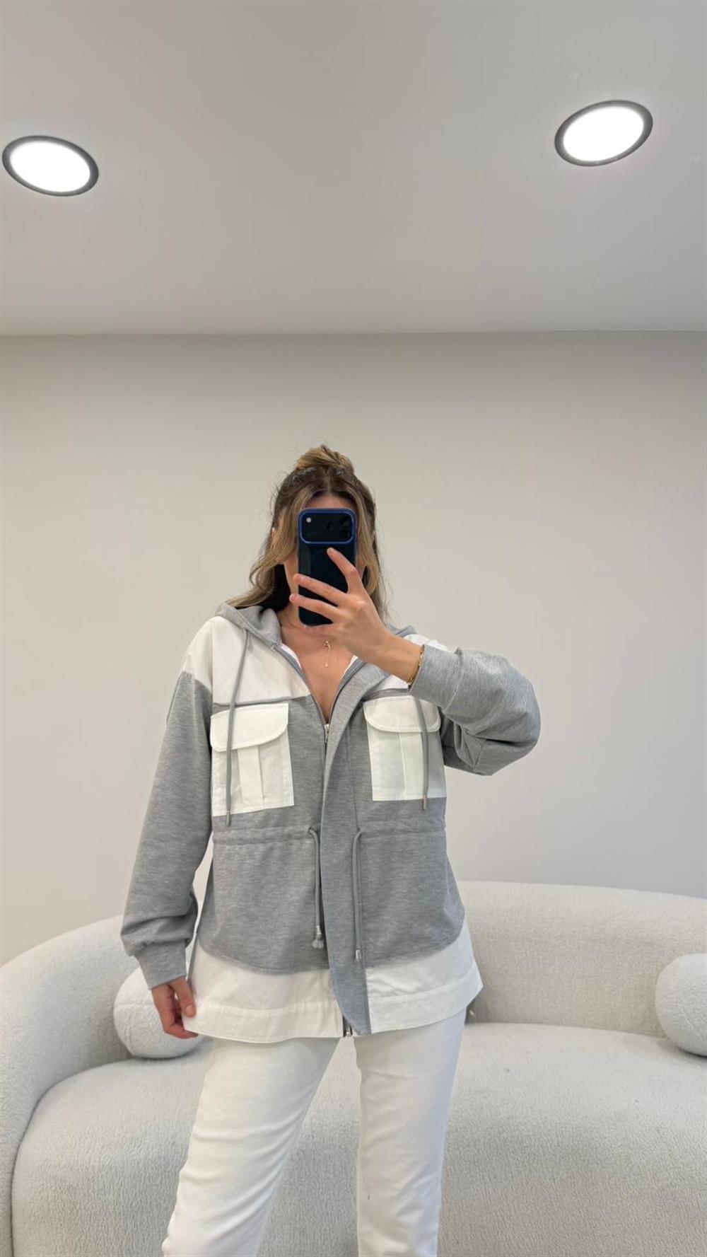 GRİ-BEYAZ KAPŞONLU POPLİN SWEAT