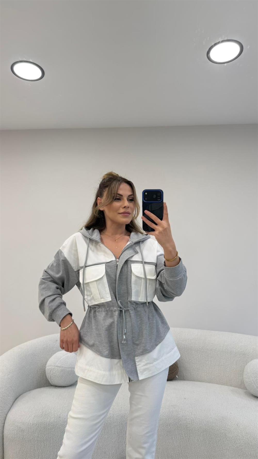 GRİ-BEYAZ KAPŞONLU POPLİN SWEAT