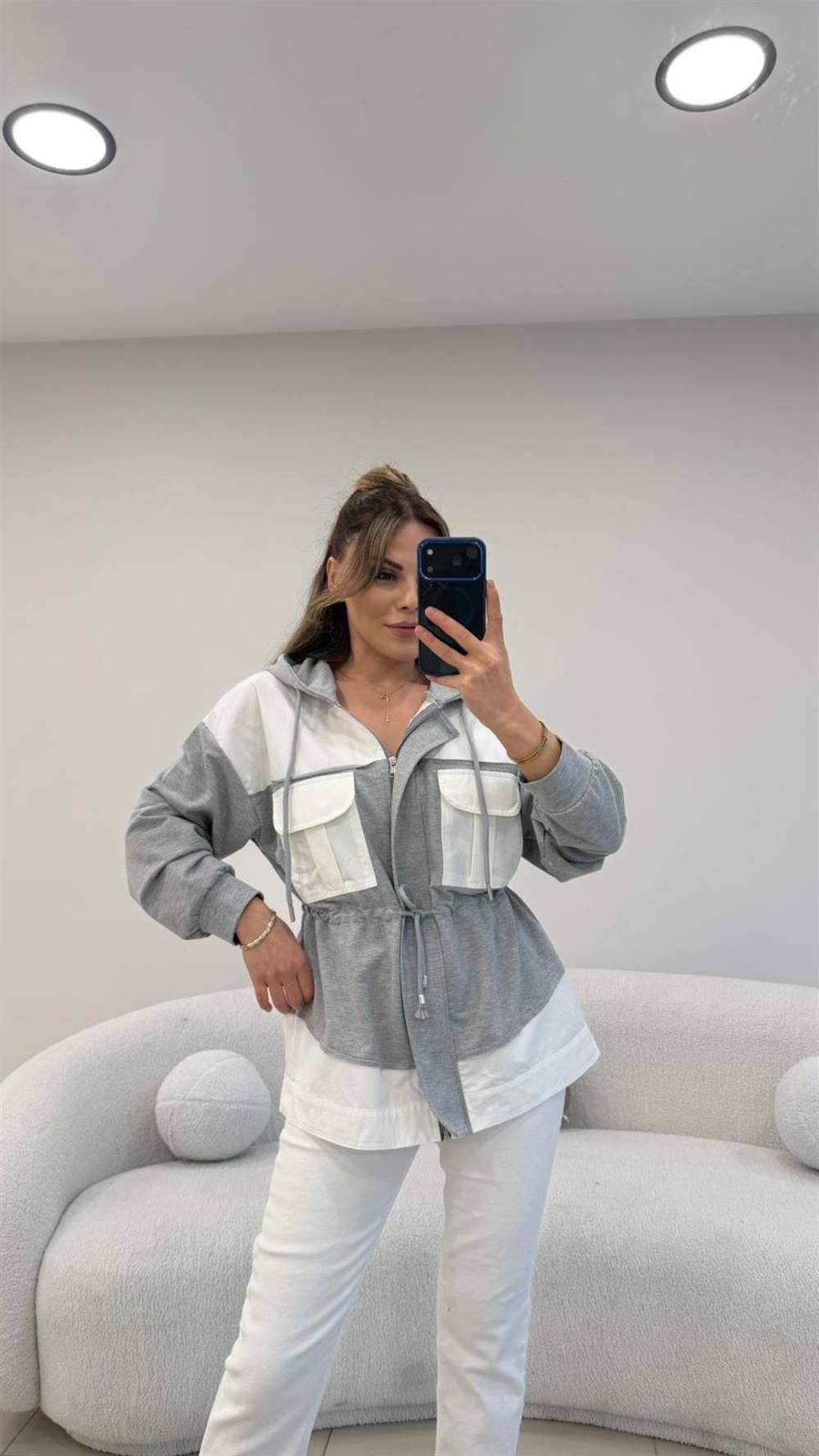 GRİ-BEYAZ KAPŞONLU POPLİN SWEAT